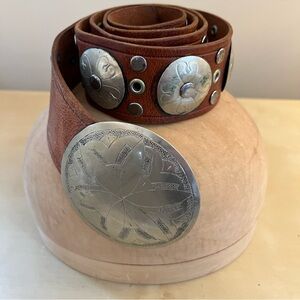 Vintage Moroccan Brown Leather Belt with Silver medallions